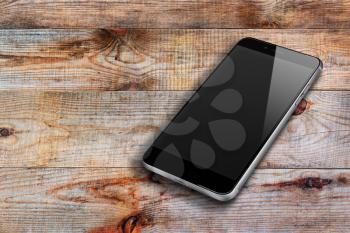 Realistic mobile phone with black screen and shadows on wooden background. Highly detailed illustration.