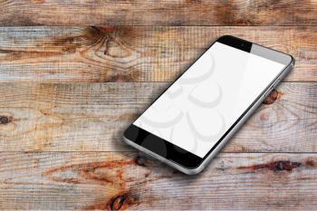 Realistic mobile phone with blank screen on wooden background. Highly detailed illustration.