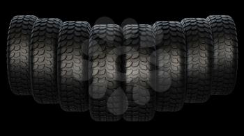 New rubber tires for car on black background. 3D rendering. 