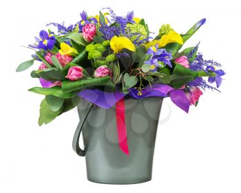 Beautiful bouquet of tulips, iris, alstroemeria, lilies and other flowers in vase isolated on white background. 