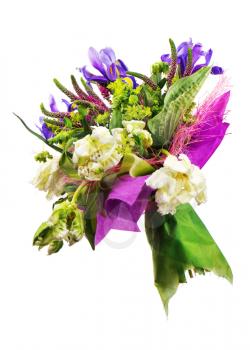 Beautiful bouquet of tulips, iris, veronica and other flowers isolated on white background. 