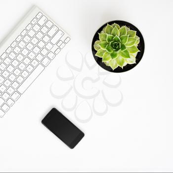 White office desk table with wireless aluminum keyboard, smart phone with black screen and succulent flower in pot. Top view with copy space. Flat lay. 