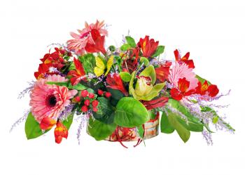 Floral arrangement from lilies, cloves and orchids in cardboard chest on white.
