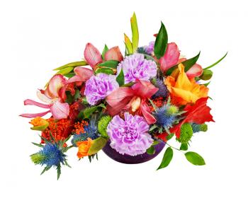 Floral bouquet of orchids, gladioluses and carnations arrangement centerpiece in blue glass vase isolated on white background