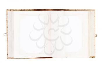 Open old photo album with place for your photos isolated on white background.