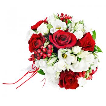 Flower wedding bouquet from white and red roses isolated on white background.