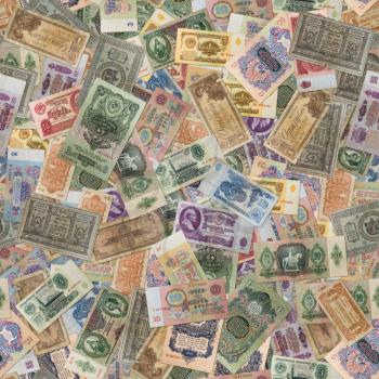 Seamless Tileable Texture of  Old Banknotes. Varicolored Collage of Stamps.