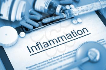 Inflammation - Medical Report with Composition of Medicaments - Pills, Injections and Syringe. Inflammation, Medical Concept with Pills, Injections and Syringe. 3D Render.