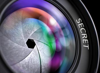 Black Digital Camera Lens with Secret Inscription. Colorful Lens Flares on Front Glass. Secret on Lens of Camera. Colorful Lens Flares. Front of Lens with Secret Concept. 3D Illustration.