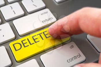 Computer User Presses Delete Yellow Key. Hand using Modernized Keyboard with Delete Yellow Key, Finger, Laptop. Hand of Young Man on Delete Yellow Button. 3D Render.