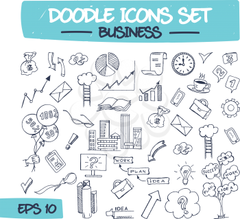 Doodle Icons Set - Business. Sketch Sign Illustration on Paper of Business Items. Hand Drawing Line Icons of Envelope, Infographic, Monitor, Flipchart, Briefcase, Book, and Money. .
