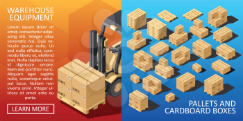 Boxes on Wooded Pallet Isometric Style Warehouse Cardboard Parcel Boxes Stack. Carton Delivery Packaging Box with Fragile Signs. Vector illustration.