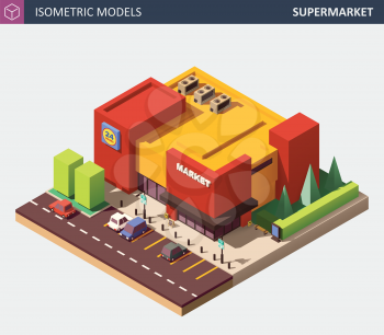 Isometric Vector Illustration of a Supermarket Grocery Store. Supermarket Building Exterior with Parking and Personal Cars.