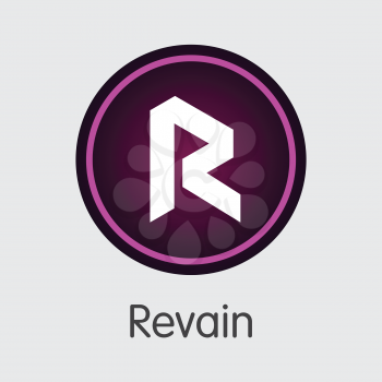 Revain - Digital Currency Coin Pictogram. Vector Coin Illustration of Cryptocurrency Icon on Grey Background. Vector Coin Symbol R.