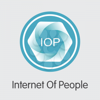 Internet Of People - Crypto Currency Concept. Colored Vector Icon Logo and Name of Virtual Currency on Grey Background. Vector Pictogram Symbol for Exchange IOP.