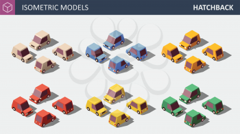 Vector Isometric Models of Hatchback, shown in Four Dimensions. Isolated Vector 3D Illustration. Personal Cars in Six Colors.