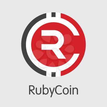 Rubycoin - Cryptographic Currency Concept. Colored Vector Icon Logo and Name of Virtual Currency on Grey Background. Vector Trading Sign for Exchange RBY.