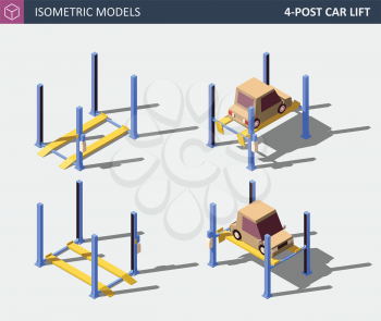 Four Post Car Lift. Vector Isometric Auto Service Equipment Concept.