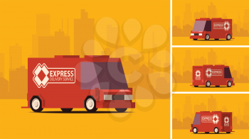 Side View Red Delivery Car or Cargo Truck on Orange Landscape Background. IsoFlat Styled Vector Illustration.