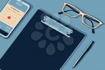 Home Office Workspace Mockup with Empty Clipboard, Modern Smartphone, Ball Pen and Glasses. Flat Lay, Top View. Vector Halftone Isometric Illustration.