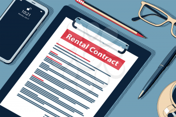 Rental Contract Concept with Clipboard, Modern Smartphone, Ball Pen and Glasses. Flat Lay, Top View. Vector Halftone Isometric Illustration.