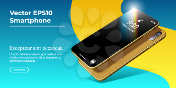 Vector 3D Realistic Cell Phone. Gold Glossy Mockup of Any Smartphone with Shiny Transparent Layer and Blank Display Visionary Modern Device. Perspective View Template for Presentations of Mobile Apps.