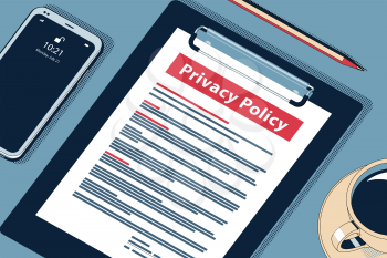 Privacy Policy Concept with Clipboard, Modern Smartphone, Ball Pen and Glasses. Flat Lay, Top View. Vector Halftone Isometric Illustration.