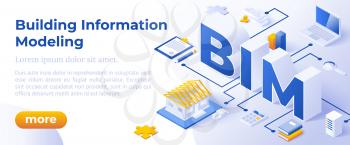 BIM - Building Information Modeling or Life-Cycle Facility Management. Isometric Concept in Trandy Colors. Construction Management Segment Metaphor. Website Banner Layout Template. Vector Illustration