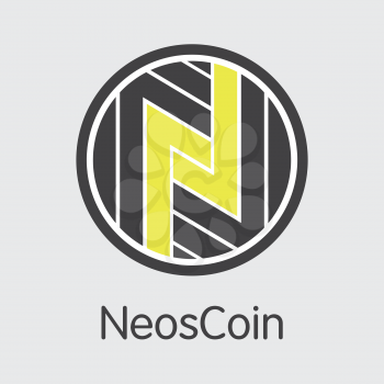 Neoscoin - Cryptographic Currency Concept. Colored Vector Icon Logo and Name of Crypto Currency on Grey Background. Vector Logo for Exchange NEOS.