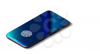 Black Smartphone With Security Fingerprint And Shadow Isolated On White Background. Isometric Smart Phone With Fingerprint Scanner Vector Eps10. Black Isometric Mobile Phone.