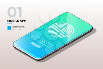 Fingerprint ID Scanner on Phone Screen. Touch Screen Smartphone Mobile Cell Phone with Zone to Touch Human Finger to Unlock Device. Biometric Identification and Approval Concept.