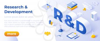 Research and Development. Business Solution Concept. Isometric Big Letters R and D And Digital Devices. Client Support Landing Page.