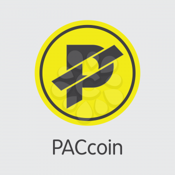 Paccoin - Virtual Currency Concept. Colored Vector Icon Logo and Name of Cryptocurrency on Grey Background. Vector Logo for Exchange PAC.