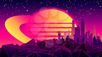 Vector Futuristic illustration of Planet with Mountains and Cityscape in Retro Style. Retro. Digital Landscape in a Cyber world. Retro 80s Fashion Sci-Fi Background Cityscape. Use as Music Album Cover