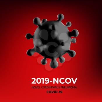 Novel Coronavirus 2019-nCoV. Virus Covid 19-NCP. SARS-CoV-2 is a Positive-sense Single-stranded Virus. Red Background with Black 3D Realistic Virus Cell. Banner, Web Poster Viral.