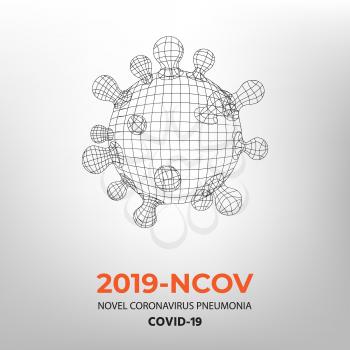 Novel Coronavirus 2019-nCoV. Virus Covid 19-NCP. SARS CoV 2 Denoted is Single-stranded RNA VIRUS. Viral Cell Polygon Mesh on Light Background. Linear Outline Style with Sample Text. Simple Vector.