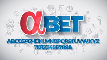 Vector of Blue Bold Modern Font or Alphabet with Long Shadows on Hand Drawn Business Icons Background.