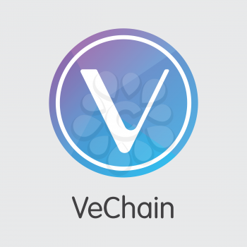 Vechain - Blockchain Cryptocurrency Concept. Colored Vector Icon Logo and Name of Blockchain Cryptocurrency on Grey Background. Vector Coin Symbol for Exchange VEN.