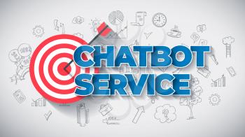 ChatBot Service - Creative Business Concept. Blue Color Creative Text, on Hand Drawn Business Icons Background. Modern Vector Illustration for Artificial Intelligence Learning and Web Services.