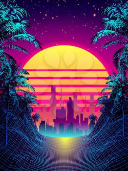 80s Futuristic Retro Future. Retro Futuristic Background 1980s Style with Palm Tree Silhouette. Road to the City at Sunset 1980s Style. Digital Retro Cityscape Fashion Sci-Fi Summer Landscape.