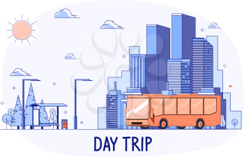 Public Bus Travels from city to Forest or Park - Day Travel Concept. Flat style vector illustration.