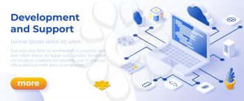 WEB DEVELOPMENT AND SUPPORT - Isometric Design in Trendy Colors Isometrical Icons on Blue Background. Banner Layout Template for Website Development
