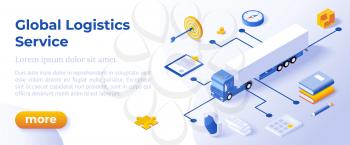 GLOBAL LOGISTICS CONCEPT - Isometric Design in Trendy Colors Isometrical Icons on Blue Background. Banner Layout Template for Website Development