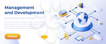Management and Development - Isometric Design in Trendy Colors Isometrical Icons on Blue Background. Banner Layout Template for Website Development