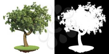 Green Tree on Green Grass island Isolated on White Background with Detail Raster Mask.