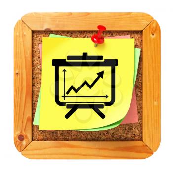 Flipchart with Growth Chart Icon on Yellow Sticker on Cork Message Board.