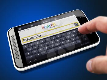 Insurance - Request in Search String. Finger Pressing the Button on Modern Smartphone on Blue Background.