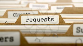 Requests Concept. Word on Folder Register of Card Index. Selective Focus.