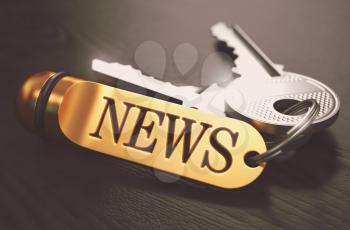 News Concept. Keys with Golden Keyring on Black Wooden Table. Closeup View, Selective Focus, 3D Render. Toned Image.