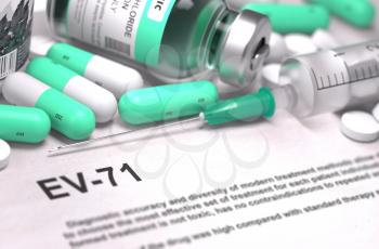 EV-71 - Printed Diagnosis with Blurred Text. On Background of Medicaments Composition - Mint Green Pills, Injections and Syringe.